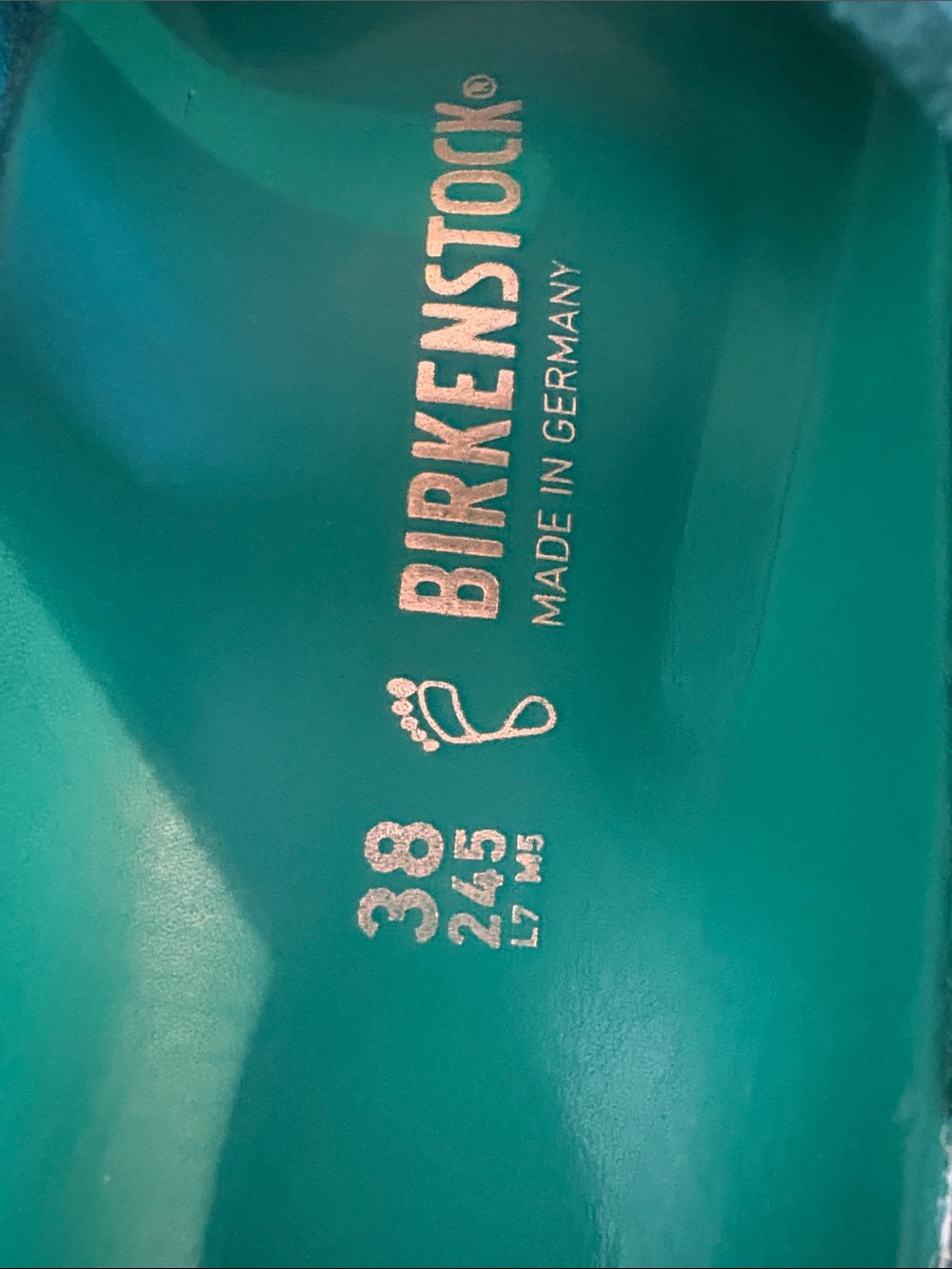Birkenstock Arizona Two-Strap Slide Sandals in Teal with Gold Buckles - Picture 5 of 11